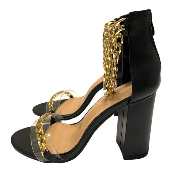 Nicole Miller Women Block Heel Black & Gold Ankle Chain Sandals Size 6 Back Zip - Picture 3 of 10